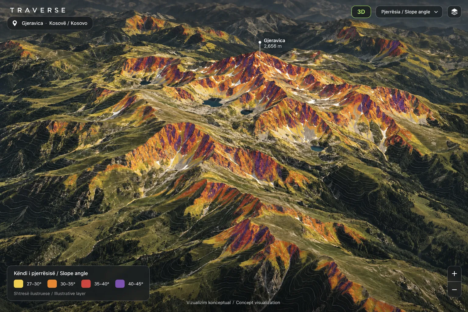 Concept render of a mountain in 3D with slope angle colours